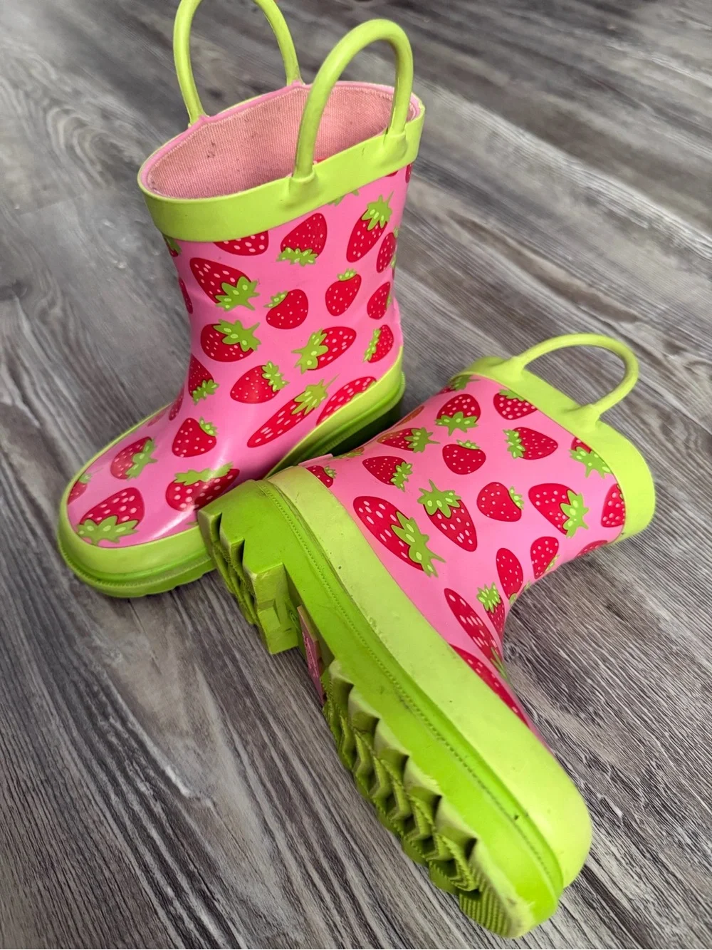 Girls Pink Strawberry Rain Boots with Lime Trim